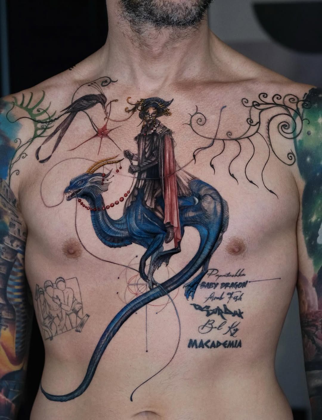Colour realism chestpiece of a rider on a blue dragon by Ink District Amsterdam