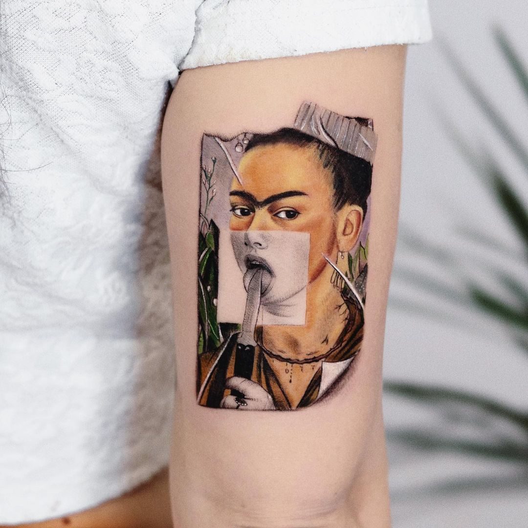 Colour Frida Kahlo portrait tattoo by Ink District Amsterdam
