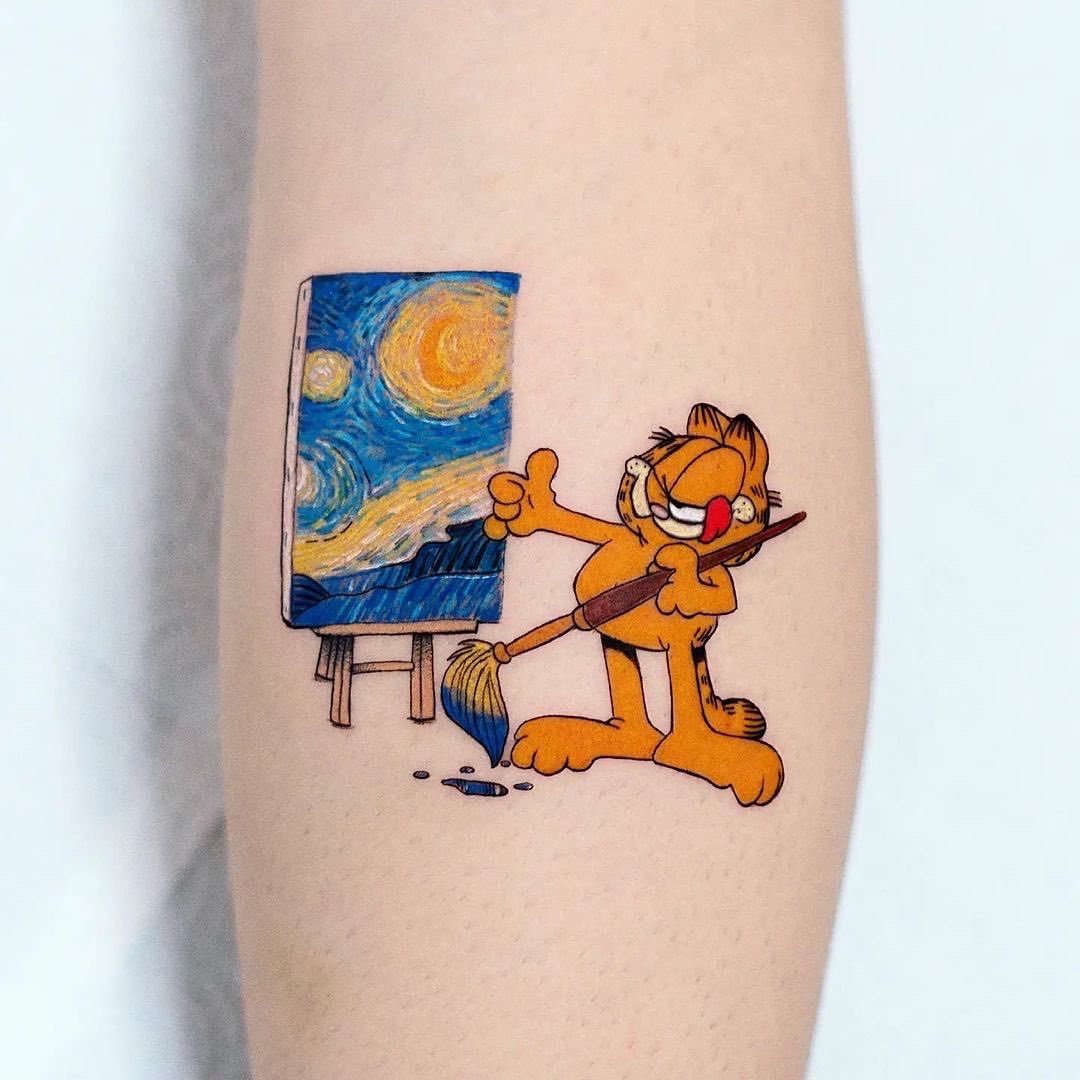 Colour cartoon tattoo in a Starry Night style by Ink District Amsterdam