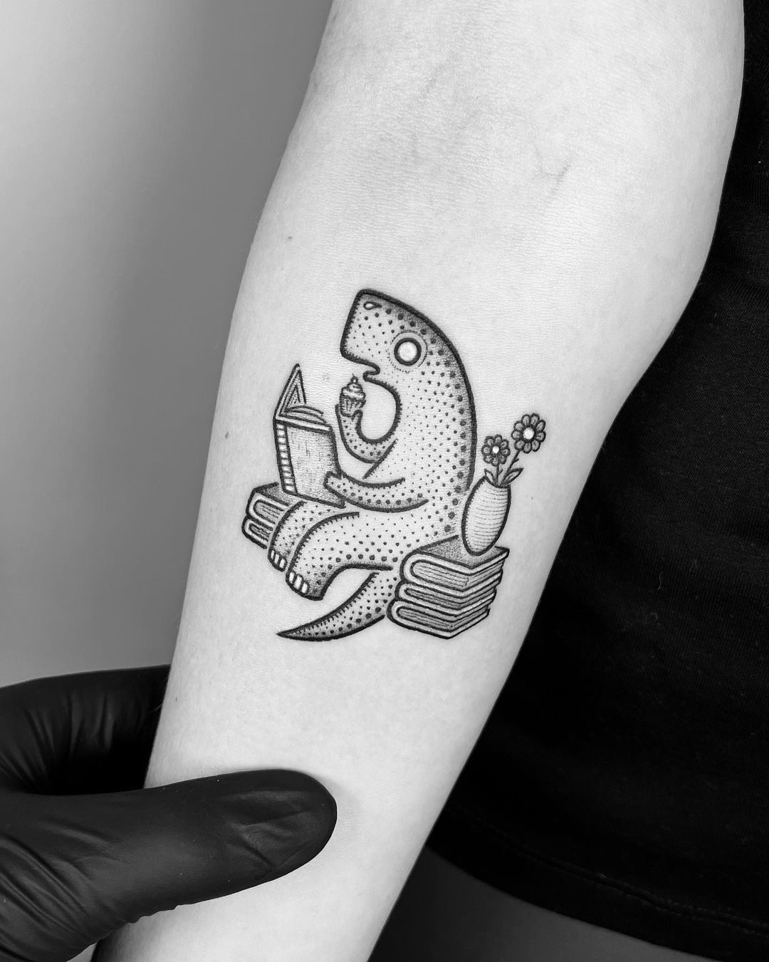 Illustrative colour dinosaur tattoo by Ink District Amsterdam