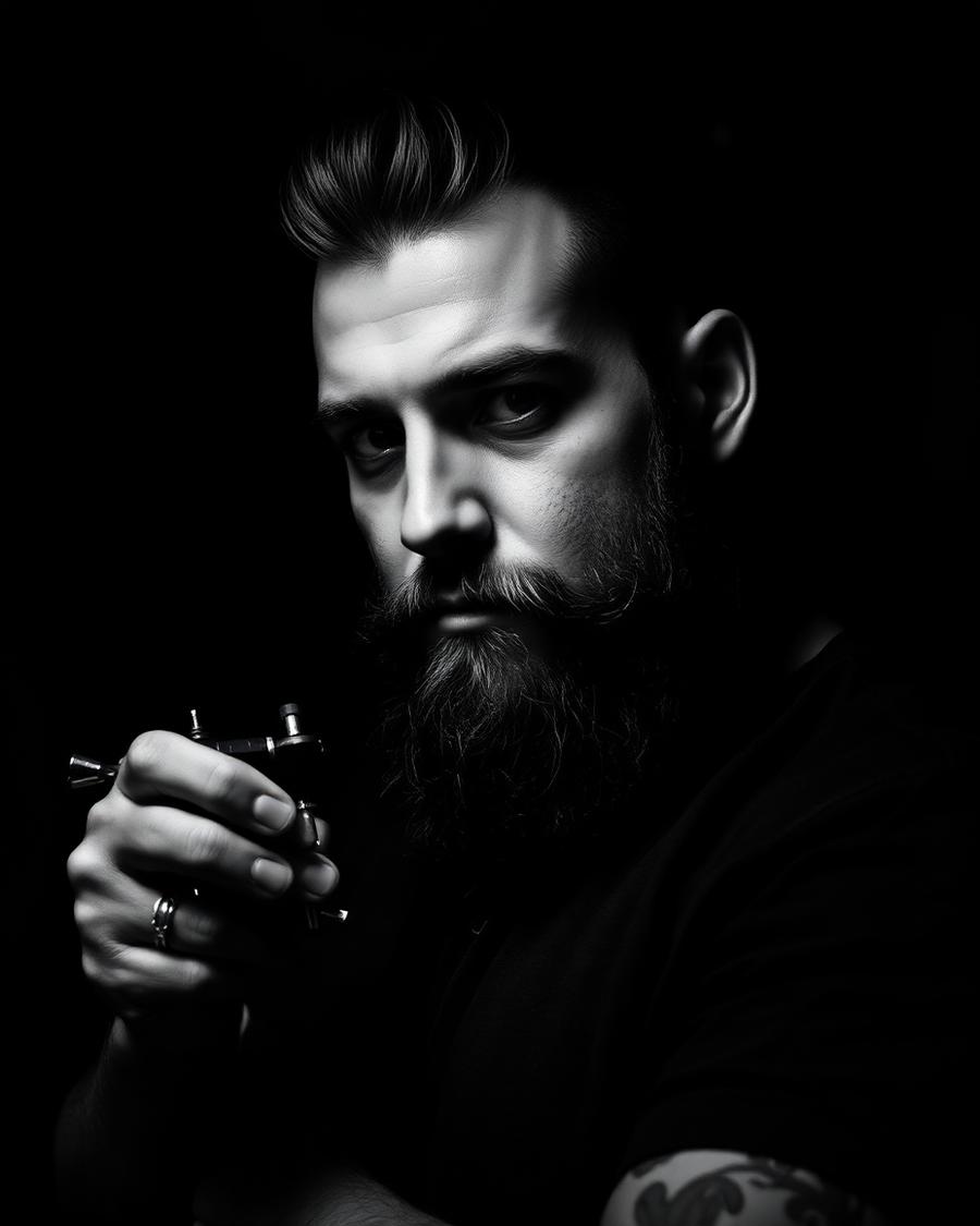 Portrait of tattoo artist Sam de Vries holding a tattoo machine