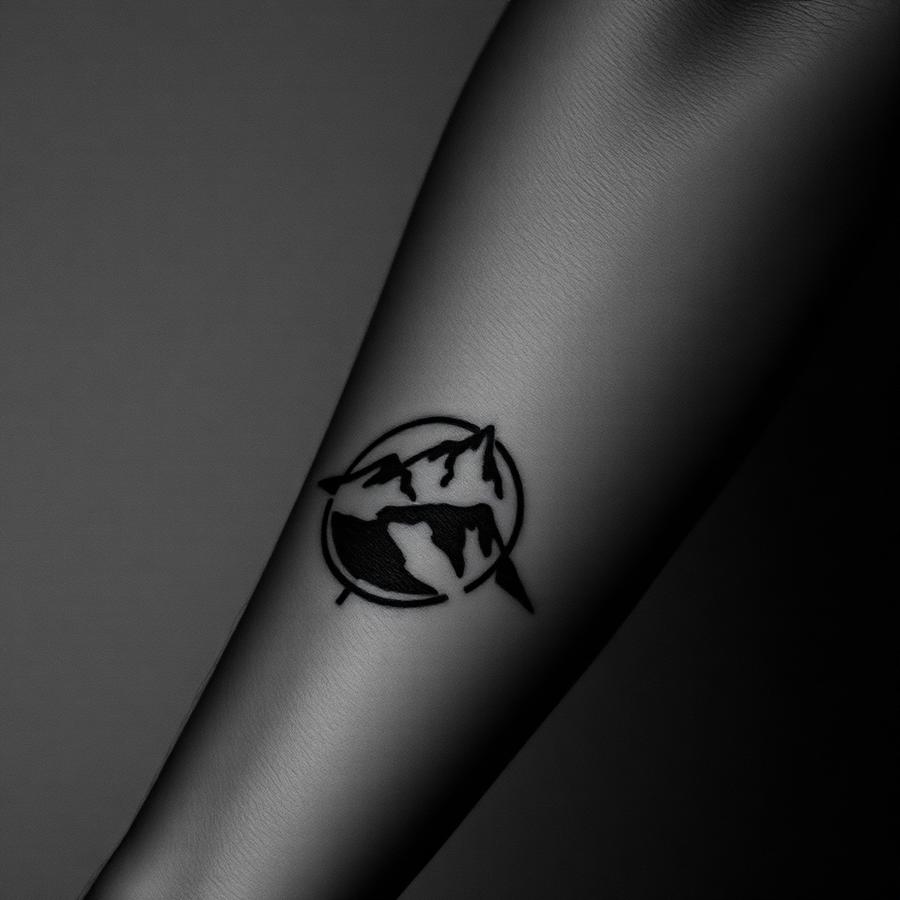 Fineline mountain and compass tattoo on a forearm