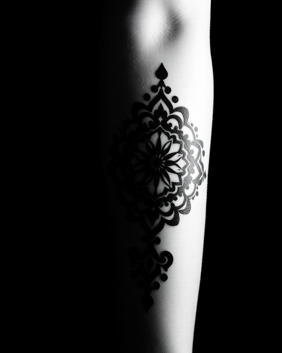Ornamental blackwork sleeve tattoo on an arm