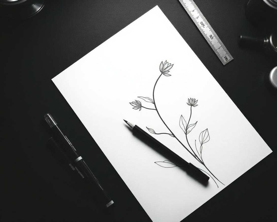 Botanical line-art tattoo sketch on paper in the studio